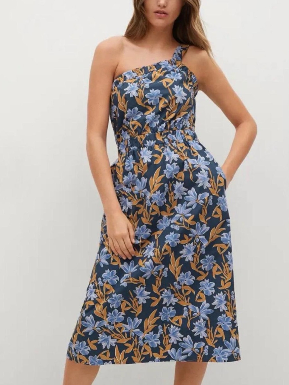 Mango One-Shoulder Floral Print Dress with Pockets Size L NWOT